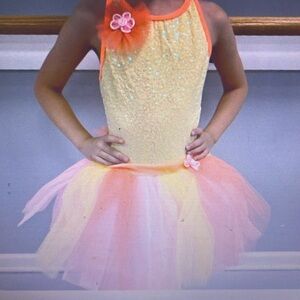 Pink, yellow, and orange tutu with matching headpiece costume